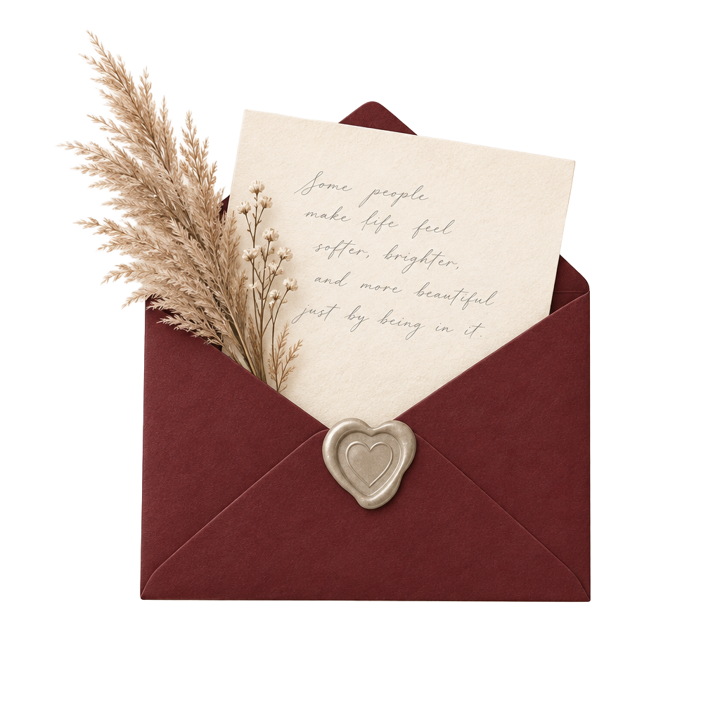 Envelope vinho com lacre de cera em forma de coração, capim-dos-pampas e uma carta manuscrita